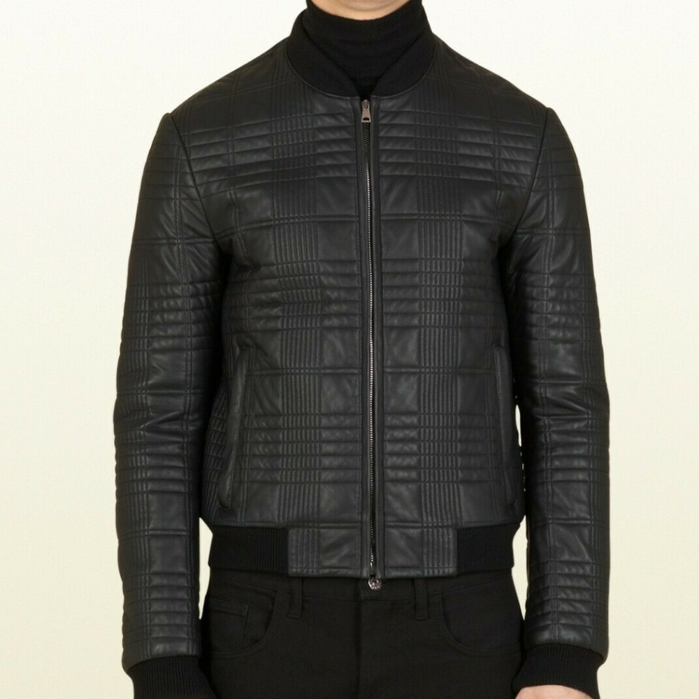 Gucci Men's Black Quilted  Leather Jacket 52 Italy